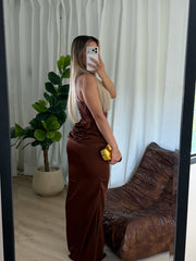Brown Satin Maxi Dress